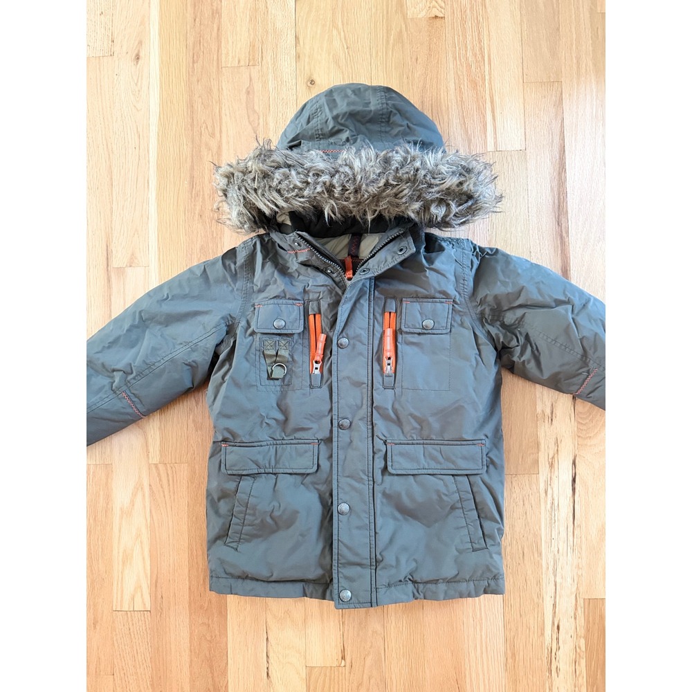 Lands End Kids Expedition Down Parka Gray Orange Faux Fur Hood Winter Coat M 5/6